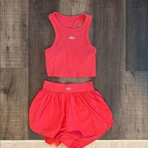 ALO Yoga neon melon Racerback Crop Tank and Performance Shorts Set